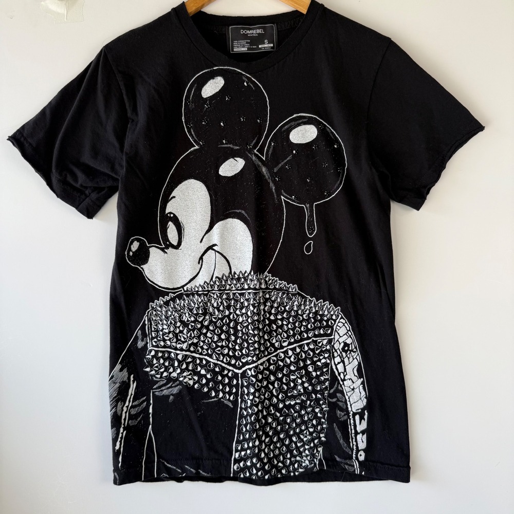 Domrebel Graphic T-Shirt Rhinestone Studded Punk Mickey Mouse Tee Small